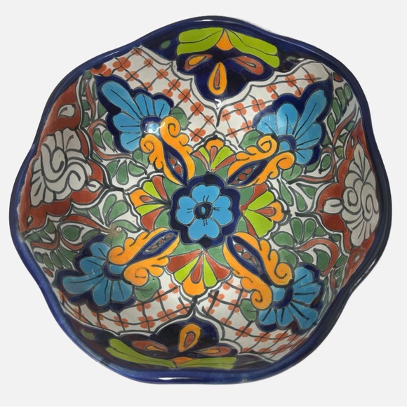 Other - Talavera Mexico Pittery Hand Painted Serving Bowl Floral Scalloped 9” diameter